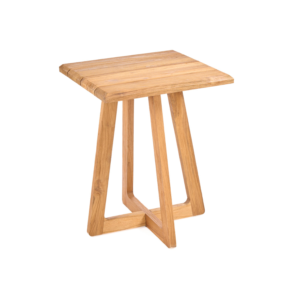 A square wooden bar table with slender legs in natural tone, perfect for home bar and outdoor furniture.