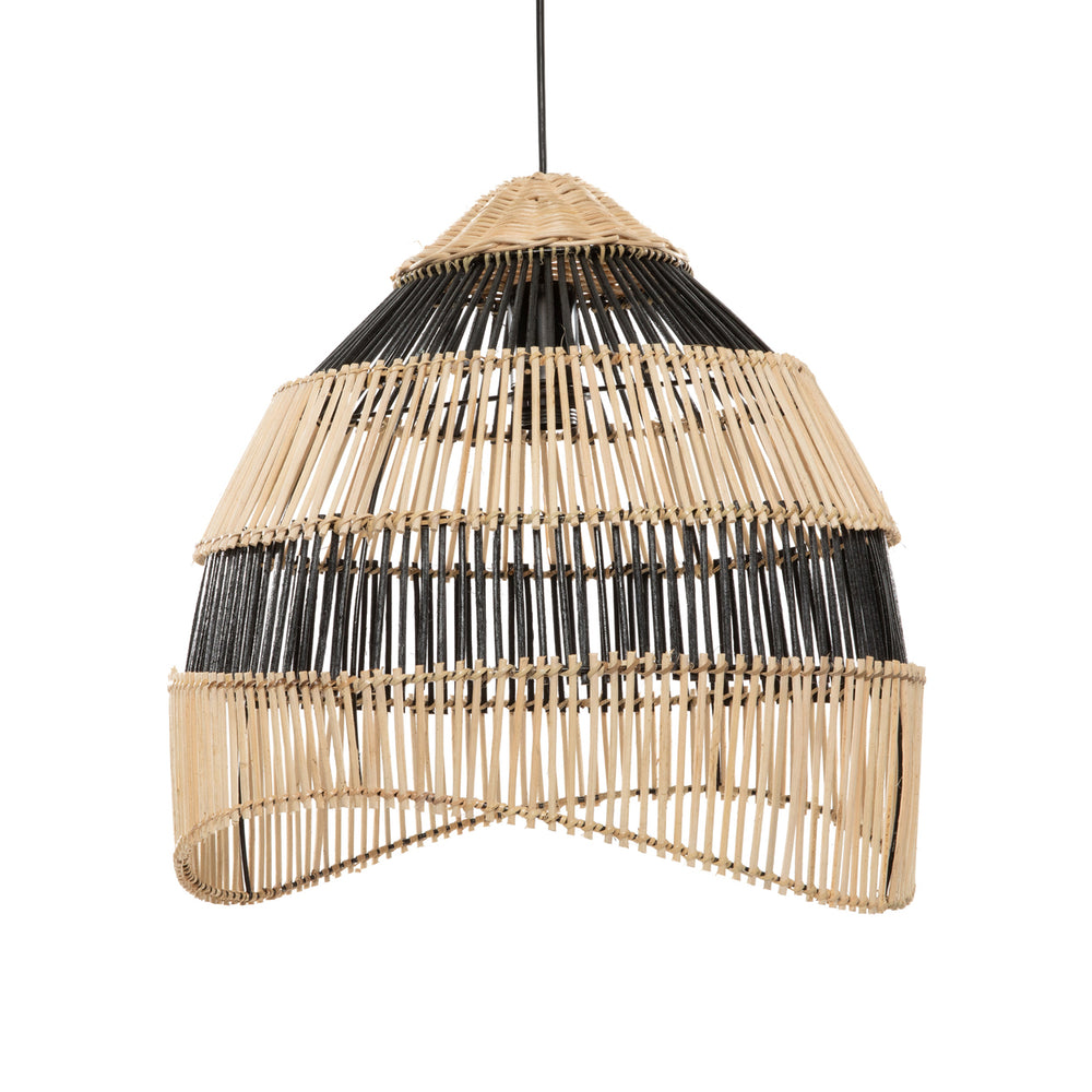 A stripped rattan pendant lamp in natural color with wavy details. 