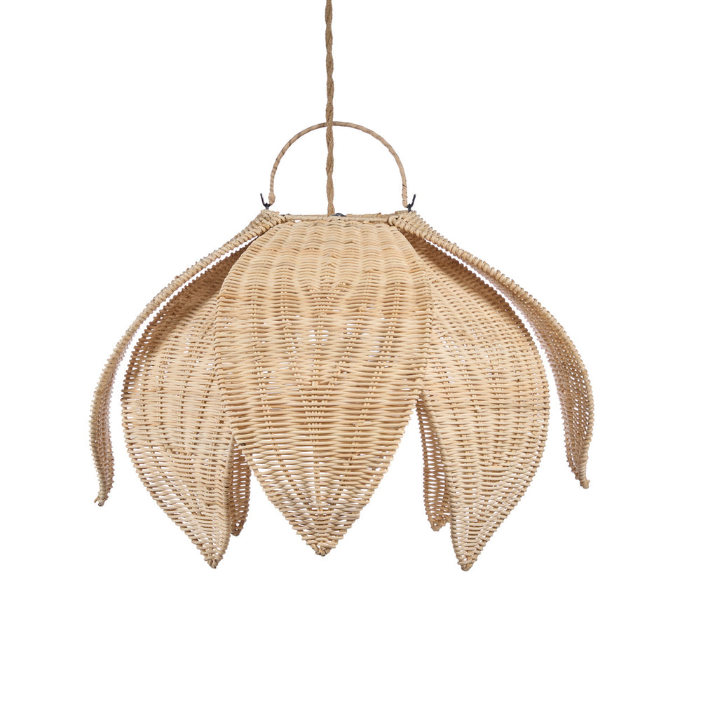 Flower shaped pendant light in natural tone and made from rattan, designed to upscale organic modernism.