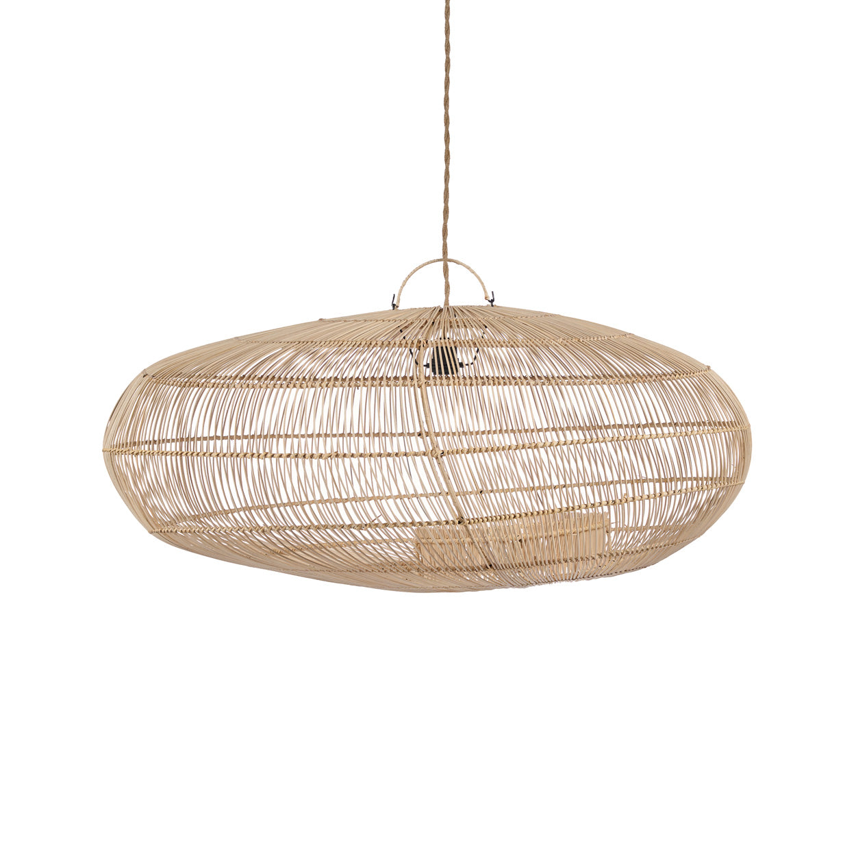 Oval natural rattan pendant light, creates an exceptionally light and airy graphic layout.