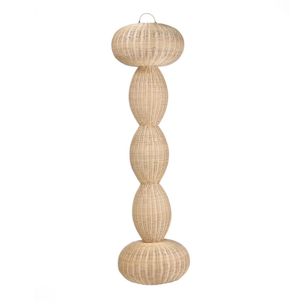 Tall pendant light for high ceiling in organic modern styling, composed of shapely rounded parts.