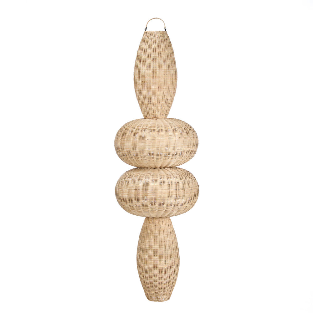 Organic modern pendant light in sculptural form, handmade with natural rattan.