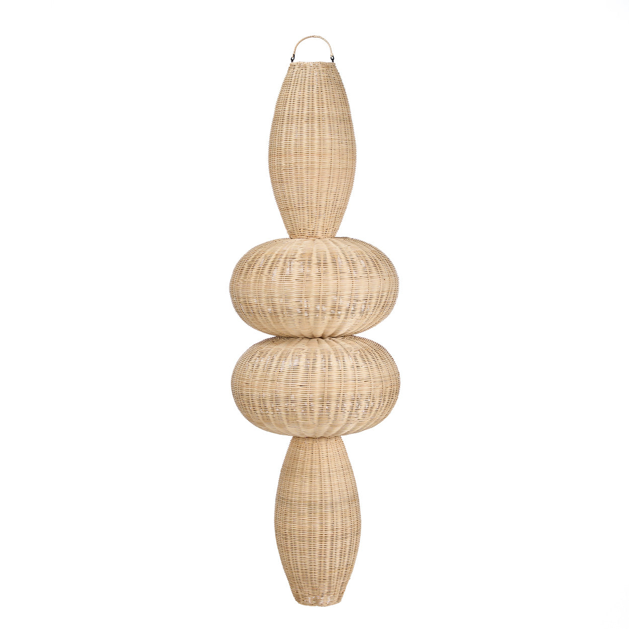 Organic modern pendant light in sculptural form, handmade with natural rattan.