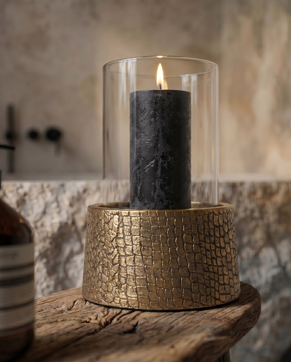 The Croco Candle Holder with Glass - Brass - M