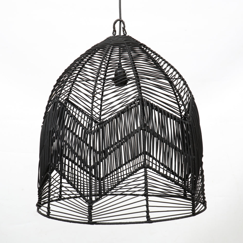 A geometric lampshade with zigzag patterns and a dome shape, made from rattan in black.