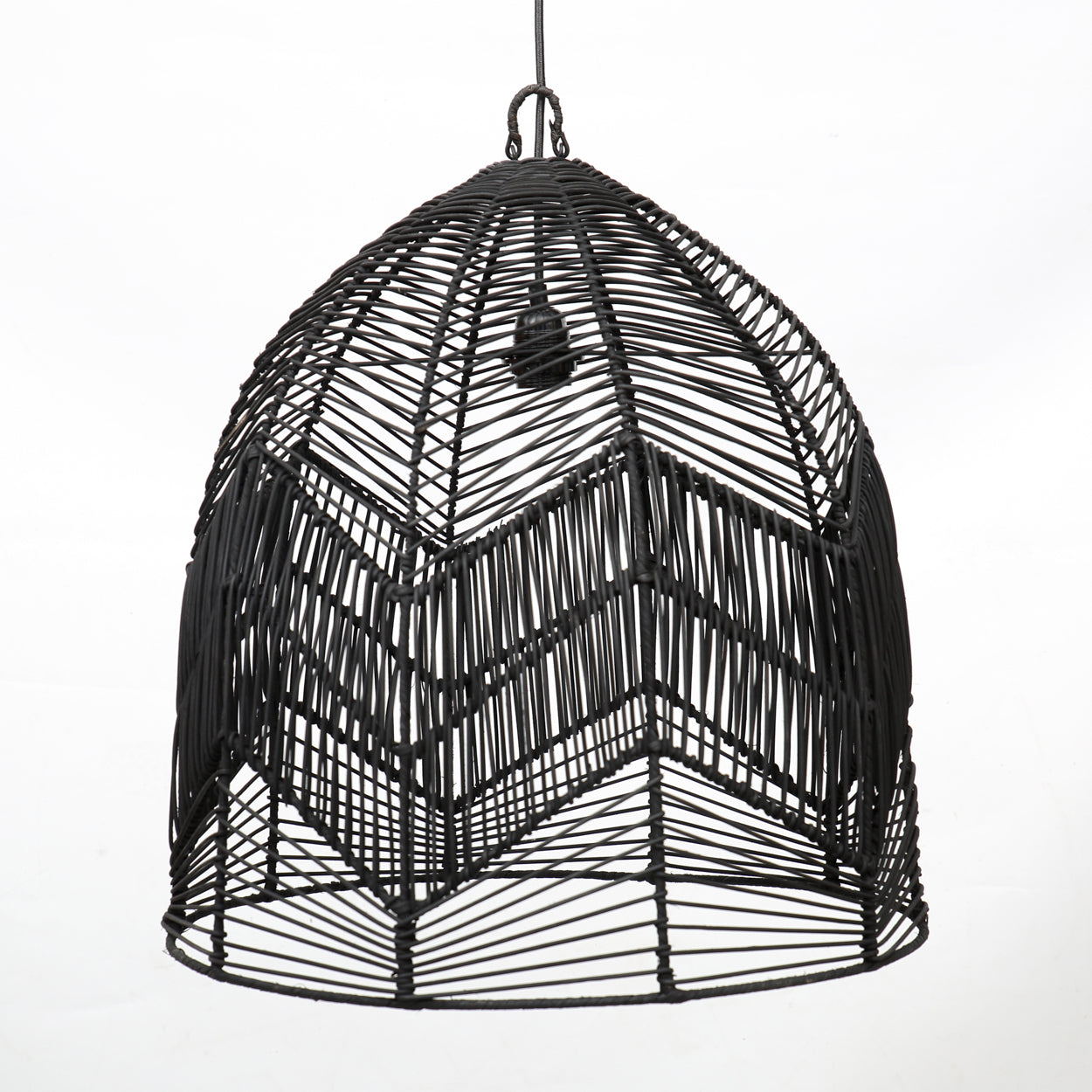 A geometric lampshade with zigzag patterns and a dome shape, made from rattan in black.
