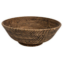 A 45 cm rattan bowl with a wide silhouette and brownish strands woven in a rhythmic diagonal pattern.