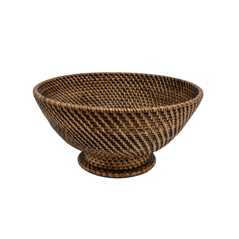 A small fruit basket or decorative storage bowl, shaped as a wide cone with a pedestal, in two-toned natural brown.