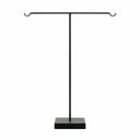 A tall tabletop display stands in a t-bar silhouette with a solid, weighted square base.